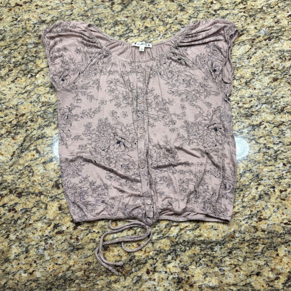 Agenda Women Mauve Floral Button Front Tie Hem Cap Sleeve Blouse Top Small